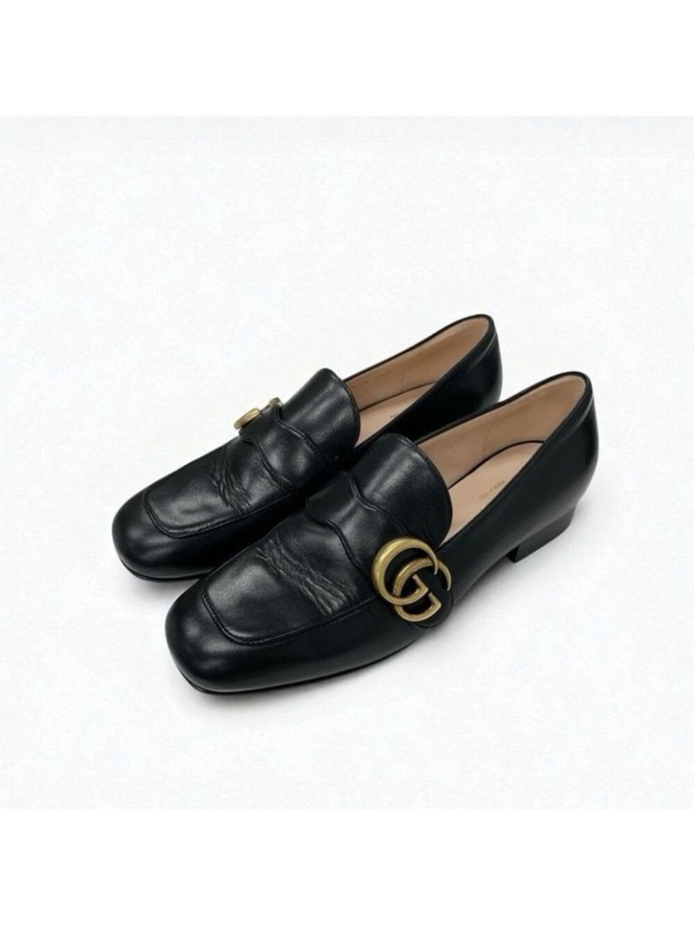 Gucci Loafer Leather Shoes Black Gold Double G GG Marmont - Picture 2 of 11